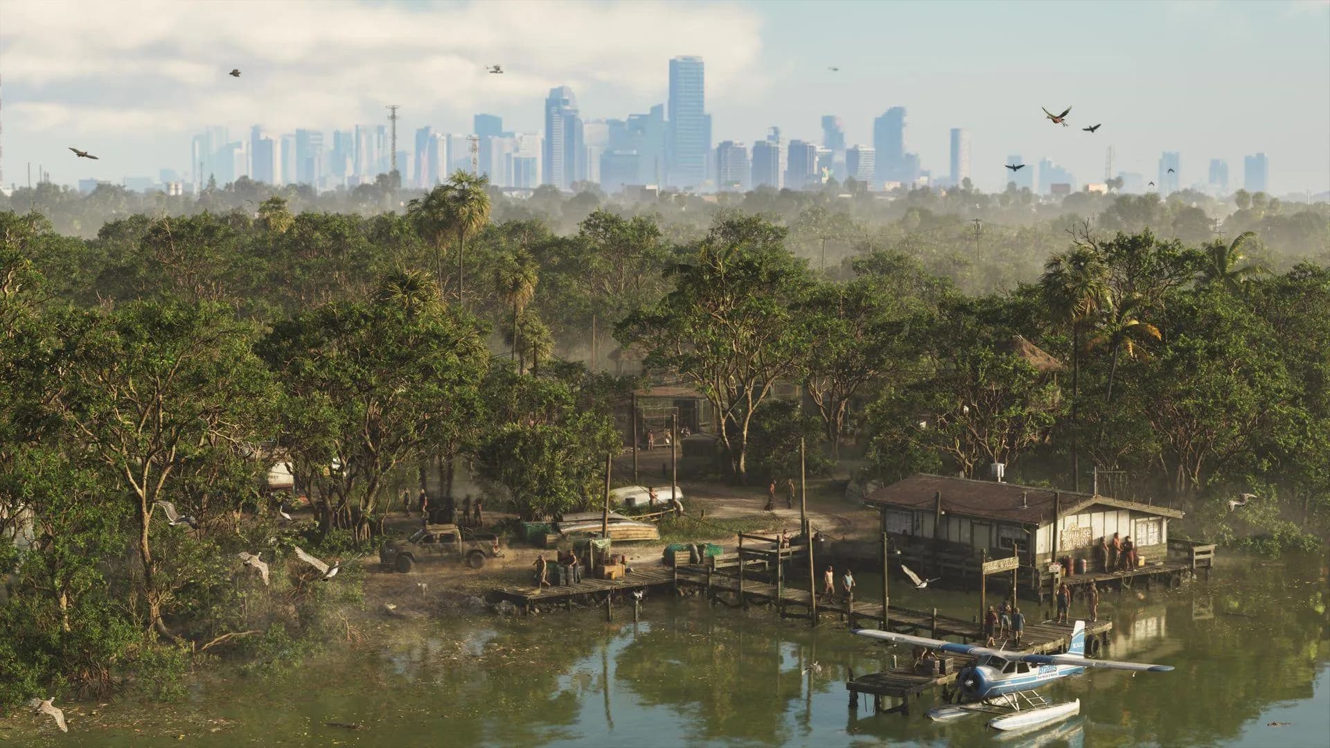 A waterside settlement in Grassrivers with the Vice City skyline behind